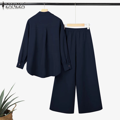 2025 ZANZEA Fashion Lapel Long Sleeve Tops Pant Suit Autumn 2 Piece Sets Women Outfits Office Pant Sets Casual Work OL Tracksuit.