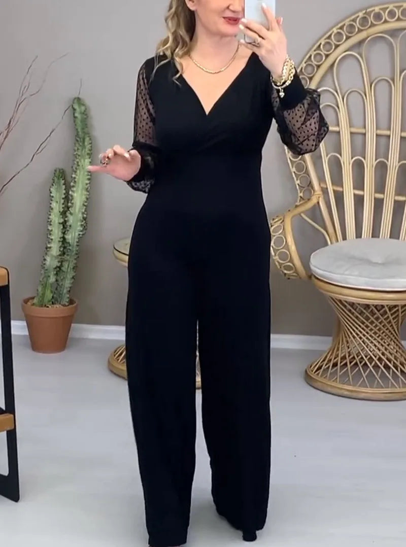 Jumpsuits Women One Piece Wide Leg Pants V Neck Gauze Long Sleeve Tight Waist Straight Trousers 2025 Office Lady Overalls.