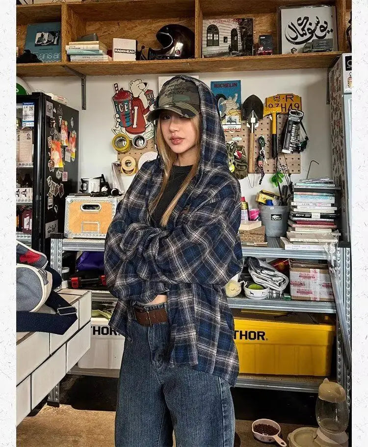 HOUZHOU Vintage Plaid Shirts Women Harajuku Long Sleeve American Style Drawstring Hooded Blouses Loose Casual Streetwear Spring.