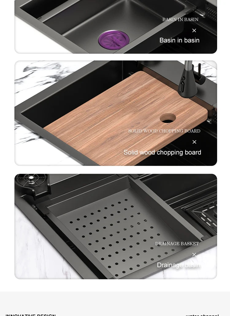 Kitchen Sink Stainless Steel Large Single Slot Multifunctional Tank Wash Basin With Waterfall Faucet Lowe Price