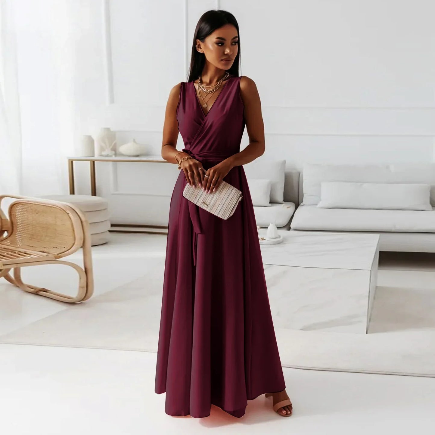 Frühling Sommer Neue Stil frauen Lange V-ausschnitt Kleid Reine Farbe Maxi Kleid Ärmelloses Empire-Taille Kleid für Damen Modische.