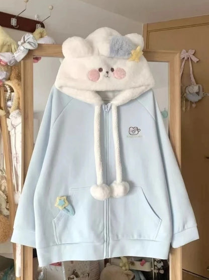 Japanese Kawaii Print Hooded Coats Women Sweatshirts Harajuku Printed Jacket Aesthetic Grunge Blouse Subculture Cute Y2k Tops.