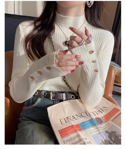 2025, weibliche Casual Tops Pullover Frauen Herbst Winter Gestrickte Dünne Pullover Feste Taste Volle Hülse Halb Hohen Kragen Pullover.