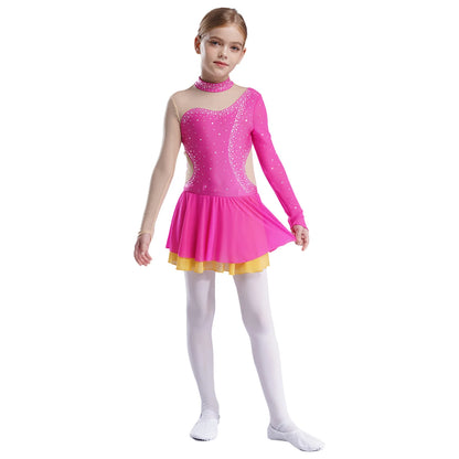 Kinder Mädchen Eiskunstlauf Kleid Lyrical Ballett Tanz Rhythmische Gymnastik Leistung Kostüm Langarm Strass Trikot.