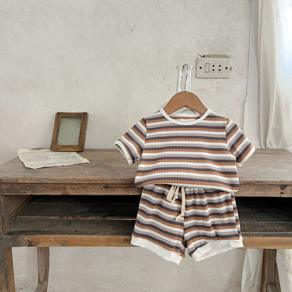 Korean Version Summer Kids Baby Girls Boys Short Sleeve Striped Top Tees +shorts Pants Infant Cute Pure Cotton Clothing Set.