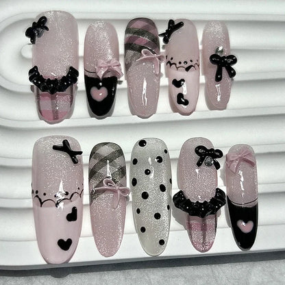 Black Pink Sweet French Almond Handmade Press On Nails Grid Polka Dot Love Skirt Ballet Fake Nails Princess Cute Bow Nail Art.