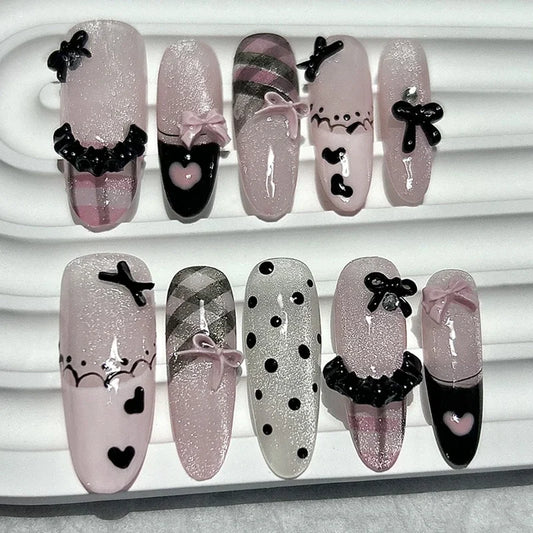 Black Pink Sweet French Almond Handmade Press On Nails Grid Polka Dot Love Skirt Ballet Fake Nails Princess Cute Bow Nail Art.