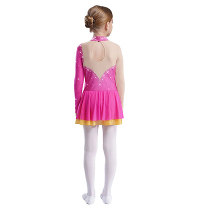 Kinder Mädchen Eiskunstlauf Kleid Lyrical Ballett Tanz Rhythmische Gymnastik Leistung Kostüm Langarm Strass Trikot.