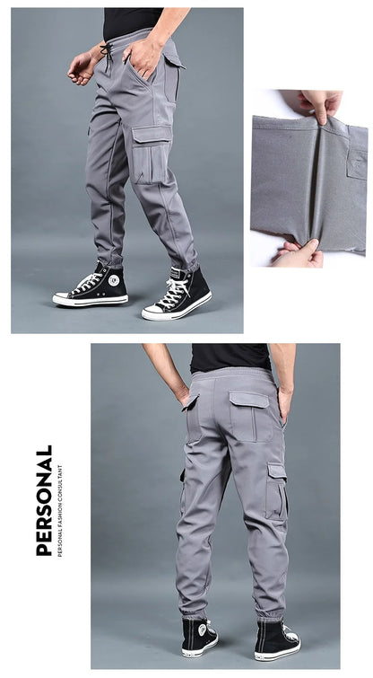 Autumn and winter loose ankle multi pocket work pants for men, winter oversized sports pants, trendy brand with plush and thick.