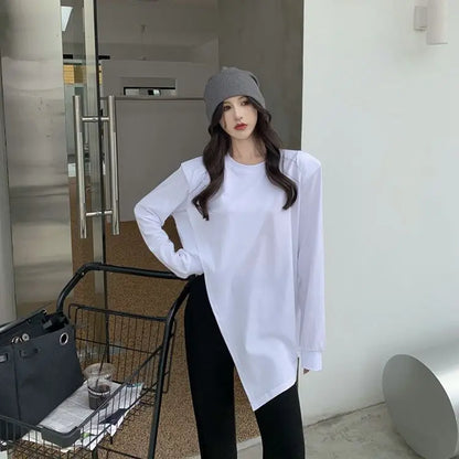 Long Sleeve Slit Hem Loose Lazy Style Tops Spring Autumn Solid Simplicity Street Casual T Shirts Fashion Korean Women Clothing.