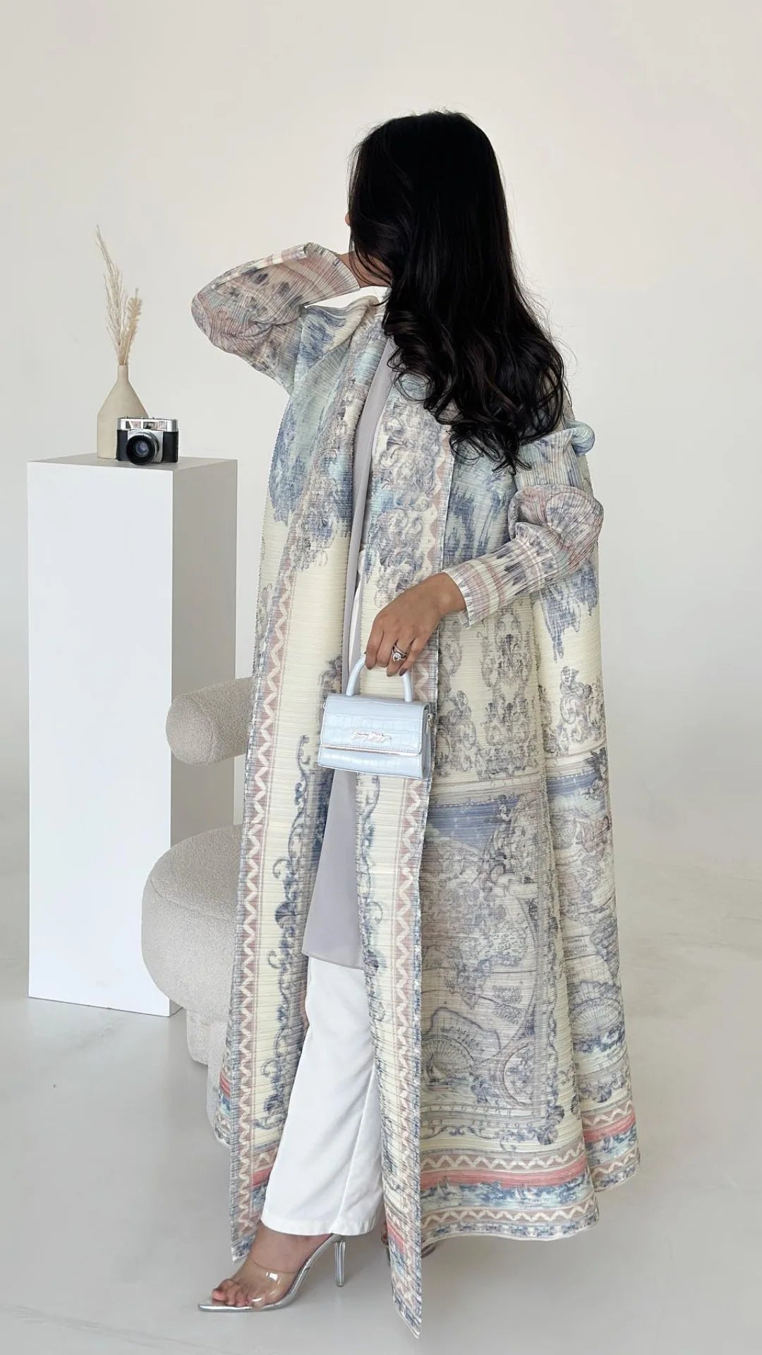 Abaya Miyake Pleated Printed Robe Jacket Arabian Dubai Style Women's Long Sleeve Conservative Demure Muslim Trench Coat 55inches.
