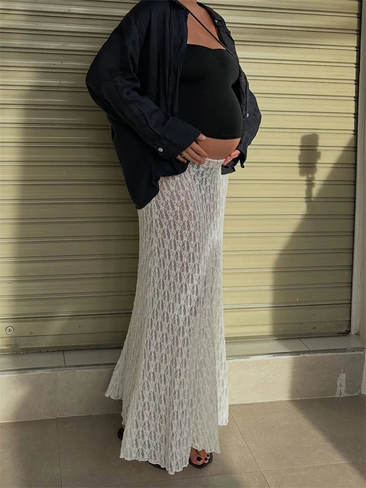 Tossy Fashion Summer Lace Long Skirt Women See-Through Slim High Waist Hollow Out Patchwork Elegant Commute Female Maxi Skirt.