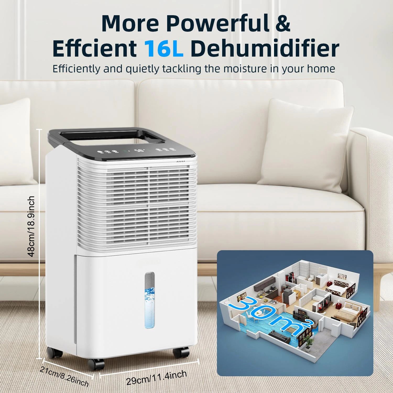 Dehumidifier 16 L/day, Ultra-quiet Electric Intelligent Central Control, Auto Mode, Moisture Display, 24h Timer Home Appliances.