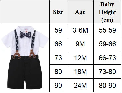 Black & White Classic Baby Boy Clothes Strap Set for Infant 1st Birthday Party Summer Short Sleeve Romper with Solid Shorts Suit.