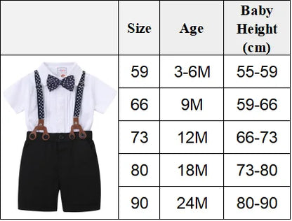 Black & White Classic Baby Boy Clothes Strap Set for Infant 1st Birthday Party Summer Short Sleeve Romper with Solid Shorts Suit.