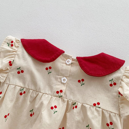 2025, Frühling, neu, niedliche Kleidung für Kleinkinder, Kinder, Baby, volle Ärmel, Peter-Pan-Kragen, Kirsche, Outfits für Neugeborene, 0–24 Monate.