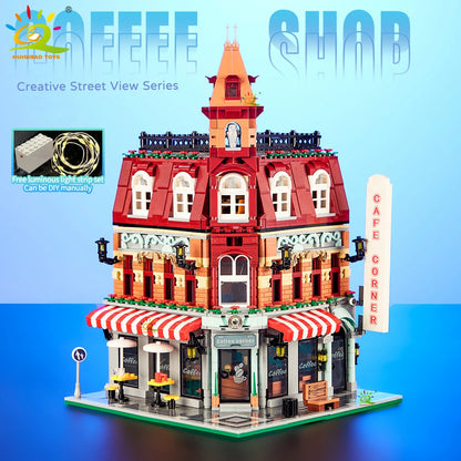 HUIQIBAO Toys MOC City Corner Coffee Shop Architecture Style Street View Micro Building Blocks for Children Construction Bricks.