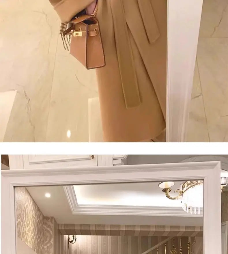 Mode Schwarz Lange Woolen Mantel Mit Gürtel Frauen Lose Revers Mantel Herbst Winter Warme Dame Oberbekleidung High Street.