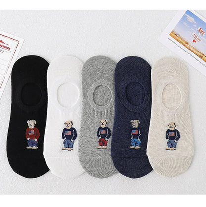 5 Pairs of Super Cute Bear Embroidered Cartoon Bear Boat Socks, Soft and Comfortable, Sweat Wicking and Versatile Short Socks.