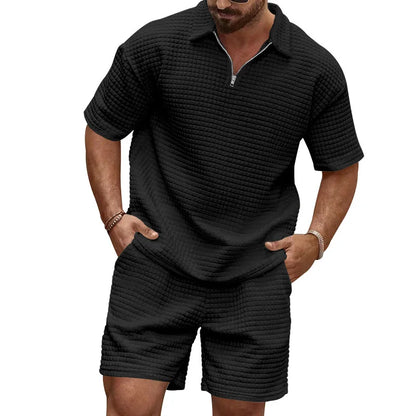 2024European and American Men's Spring and Summer Trends Youth Outdoor Lapel Small Plaid Short Sleeve Shorts Sports Suit.