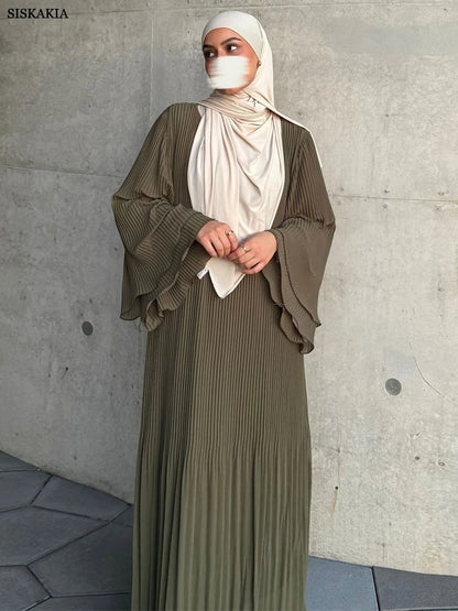 Siskakia Ramadan-Muslim Solid Wrinkle Dresses For Women's Dubai  Moroccan Petal Sleeve Abayas O-Neck Elegant Kebaya 2024.