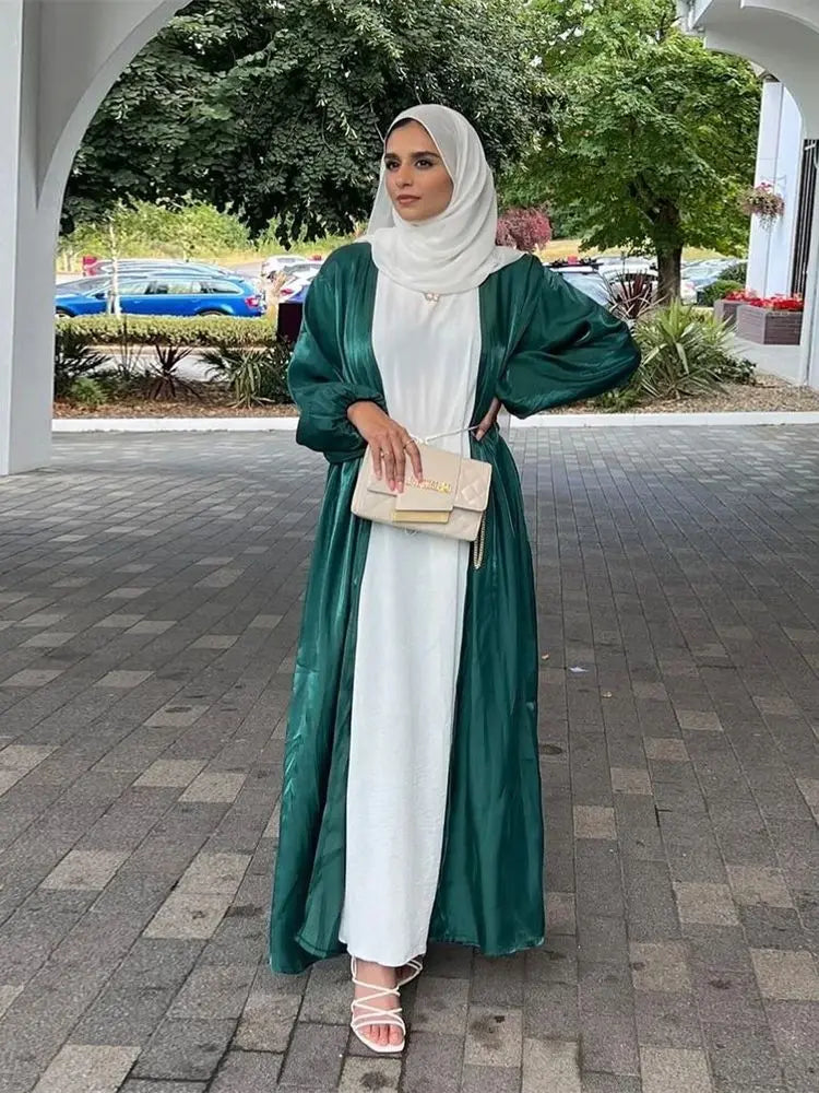Ramadan Eid Open Satin Kebaya Abaya Dubai Luxury Kimono Kaftan Muslim Islam Dress Abayas For Women Caftan Robe Femme Musulmane.