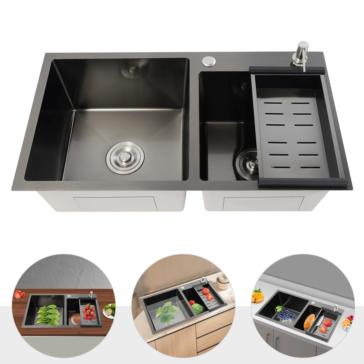 Doppelschüssel-Spüle, Küchenspüle aus Edelstahl, modernes Küchenspülen-Set (Drainpipes + Siebgefäße + Abflusskorb + Seifenspender)