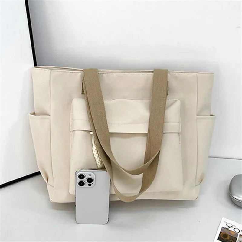 Nylon Tote Bag with Multiple Pocket Lightweight Foldable Design for Office Commute Shopping Fitness Storage Handbag Shoulder Bag.