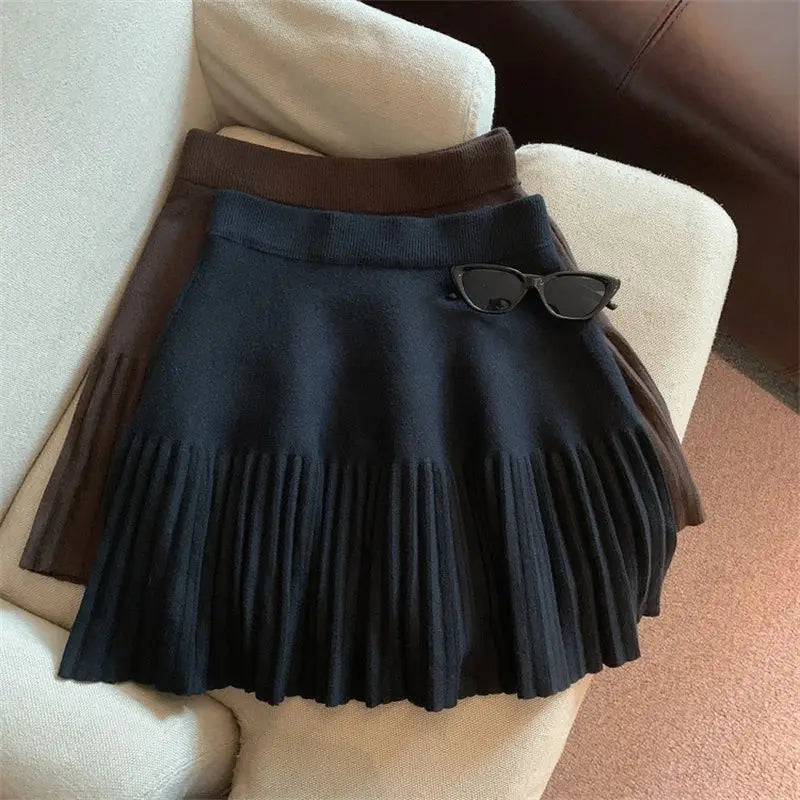 Pleated Mini Skirts Korean Sweet Knitted Skirts Sweet Elastic Waist Ladies Casual Youthful For Women's Clothes Solid Fashion New.