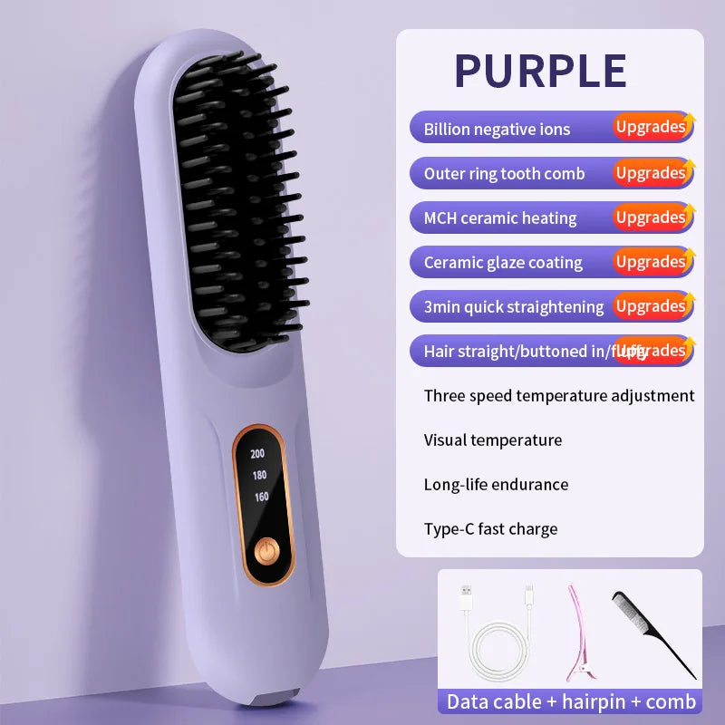 Electric Heating Straight Hair Comb LCD Screen USB Wireless Portable Negative Ion Styling Tool Rechargeable Straightening Brush