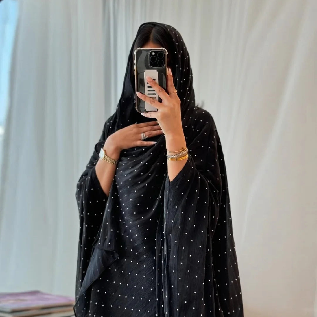 Ramadan Wave Point Black Open Muslim Modest With Hijab Women Kimono Abaya Damen Dubai Islam Kebaya Kaftan Robe Femme Musulman.