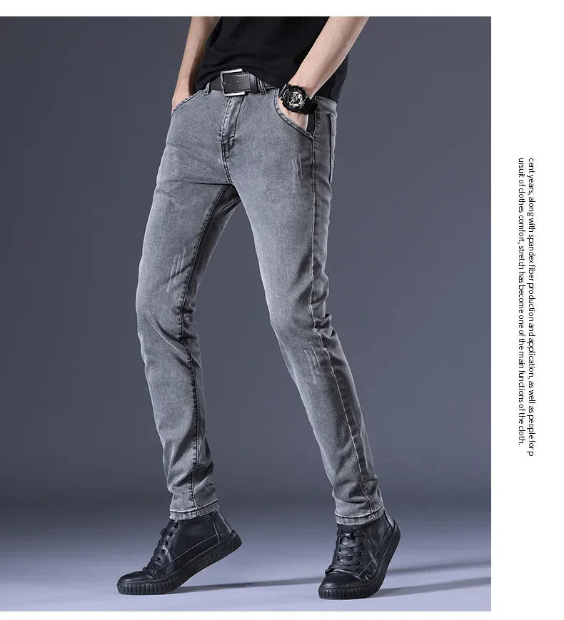 Slim Fit Men's Jeans Casual Elastic Korean Style Autumn Grey Trendy Long Pants Versatile Slim Legged Casual Trousers.