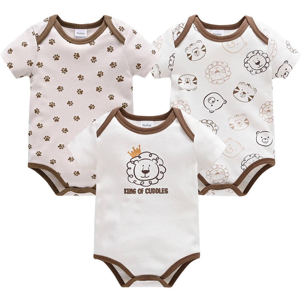 Kavkas 3-teiliges Baby-Body für 0–12 Monate, kurzärmelig, Sommer-Baumwollkleidung, cooles Print-Design, Säuglingskostüm.