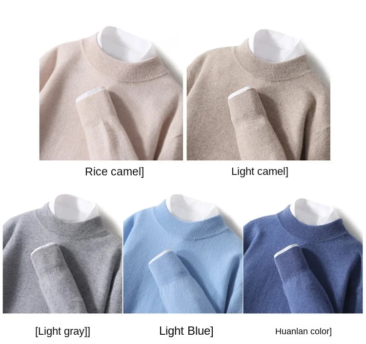 100% Pure Merino Wool Men's Semi High Neck Pullover Solid Color Plus Size Casual Sweater Autumn And Winter Sports Cashmere Top.