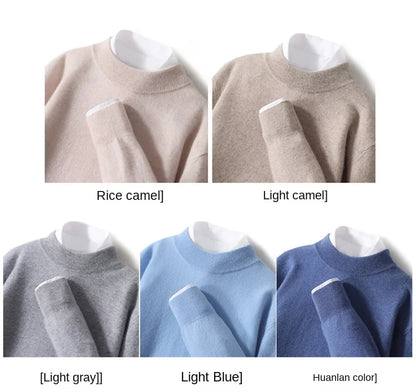 100% Pure Merino Wool Men's Semi High Neck Pullover Solid Color Plus Size Casual Sweater Autumn And Winter Sports Cashmere Top.