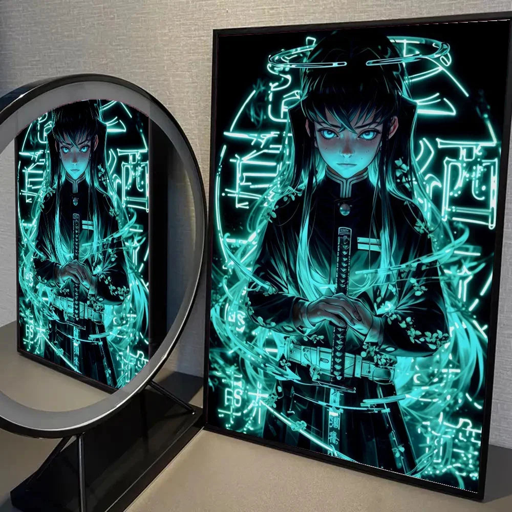 1pc Neon Effect Japan Anime Demon Slayer Tanjiro Nezuko Character Poster Self-adhesive Art Waterproof Paper Sticker Wall Decor.
