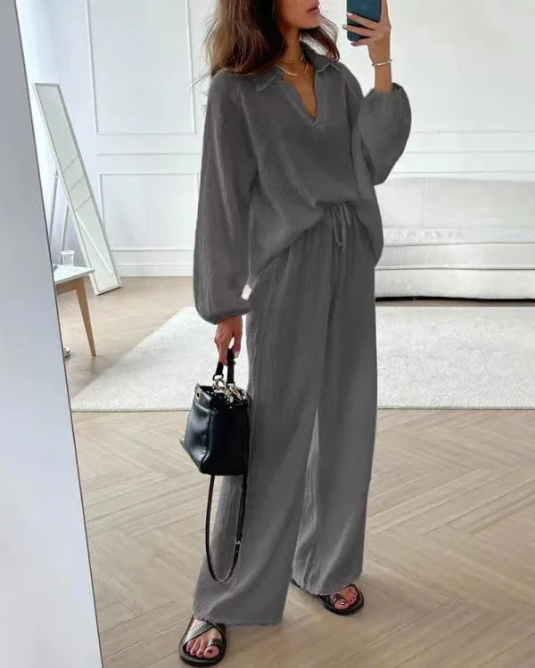 Women's Suit Solid Color Casual Loose 2025 Elegant Spring And Summer Fashion New Long-sleeved Lapel Top + Drawstring Pants Suit