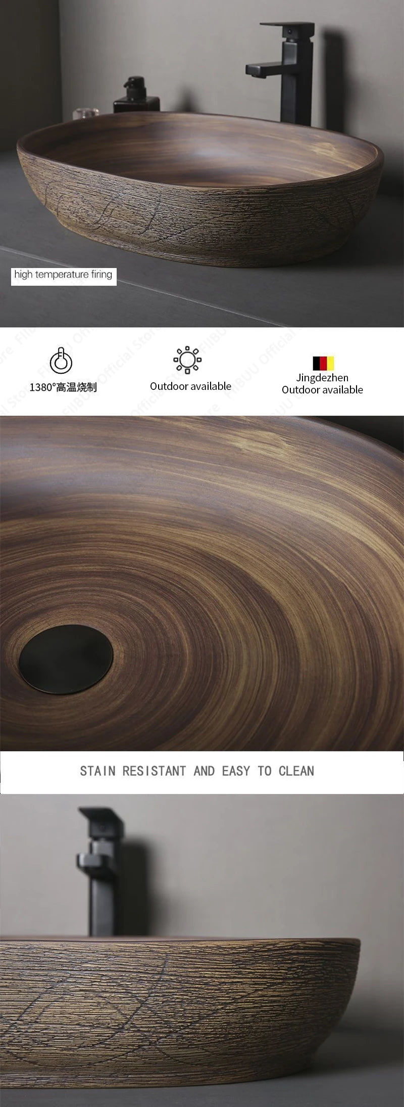 Braunes Keramikgefäß, Waschbecken, Waschtisch, Schüssel, ovaler Badezimmertisch, Waschbecken, Toilette, Balkon, Kunstbecken, über der Theke, Sockelwaschbecken