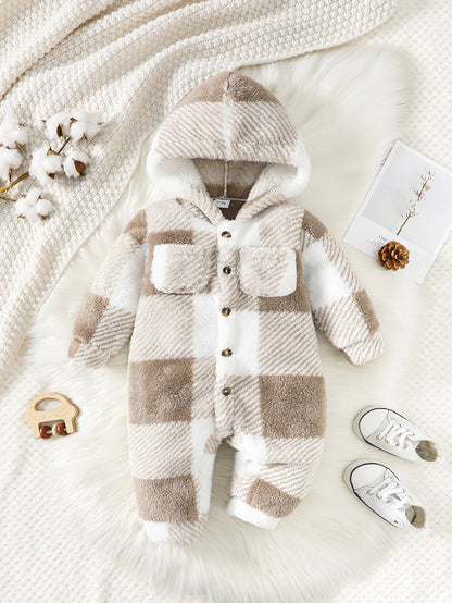 Baby-Strampler für Jungen und Mädchen, kariert, mit Kapuze, langärmelig, Plüsch-Overall, Winter, warmer Body, Kleidung für Kleinkinder im Alter von 3–24 Monaten.