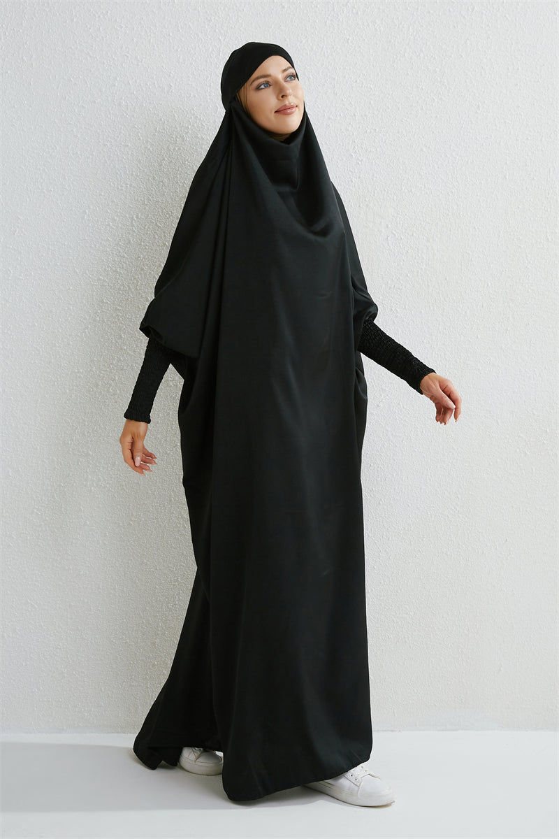 Muslimische Abaya mit Kapuze, Smockärmel, einteiliges Gebetskleid, Damen, Jilbab, islamische Kleidung, Dubai, Saudi-Arabien, schwarze Robe, türkische Bescheidenheit