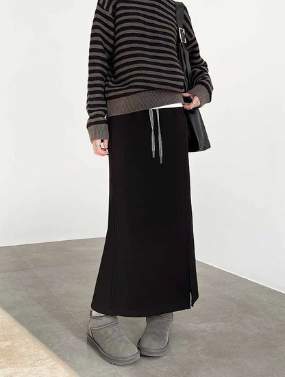 Women's Gray Split Midi Skirts Elasticity Waist Casual Loose Long Skirts Female Autumn Winter Thicken Plus Velvet Straight Skirt.