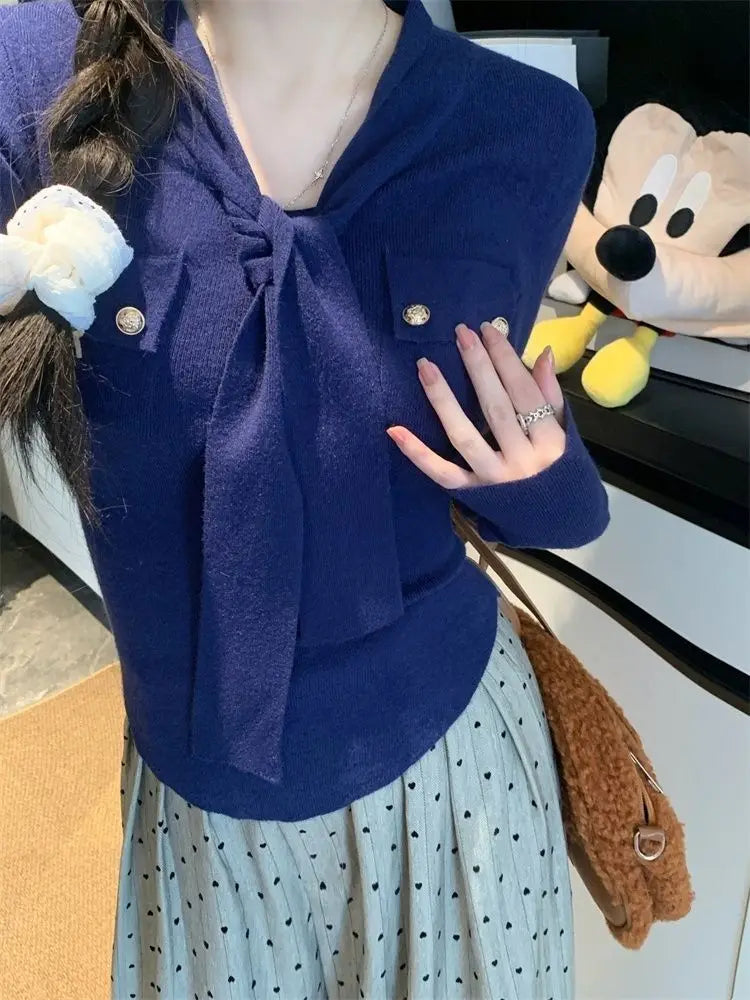 Frauen Frühling Herbst Einfachheit Büro Dame V-ausschnitt Einfarbig Langarm Strickwaren Damen Mode Alle-spiel Temperament Tops.