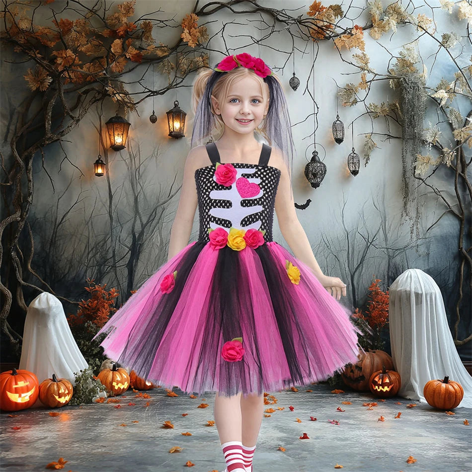 Halloween Kinder Kleid Cosplay Herz druck Skelett Kostüme Mädchen Blumen Schädel Tutu Kleidung Kinder Karneval Leistung Outfits.
