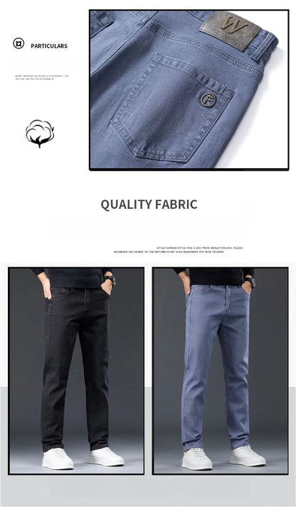 Male Brand Jeans Clothing Light Luxury Stretch Looes Fit Pants Comfortable Soft Business Fashion Straight Casual Denim Trousers.