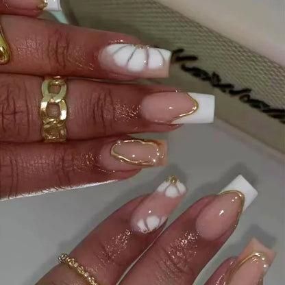 24Pcs 3D Long Ballet False Nails White Coffin Wave with French Design Wearable Fake Nails Gold Line Full Cover Press on Nails.