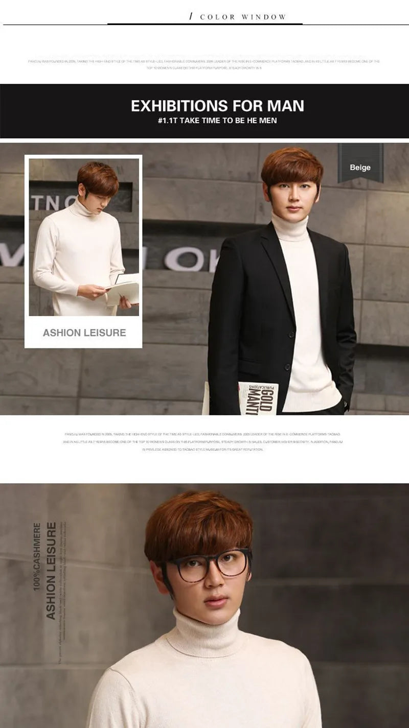 Cashmere Wool Solid Autumn Winter Men's Warm Turtleneck Knit Loose Long Sleeve Sweater Casual Comfortable Pullover Thick Sweater.