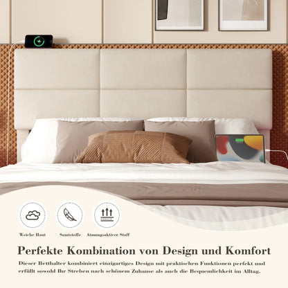 160 x 200 cm großes Bett, modernes, höhenverstellbares Kopfteilbett mit großem Stauraum und LED-Umgebungsbeleuchtung, USB/Typ-C-Verbindungen