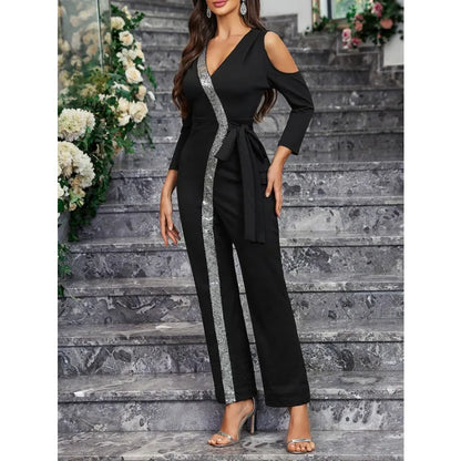 2025 Elegant Spring Summer Women Corset Jumpsuit Overalls Sexy Long Sleeve V Neck Sequins Straight Trousers Romper Onepieces.