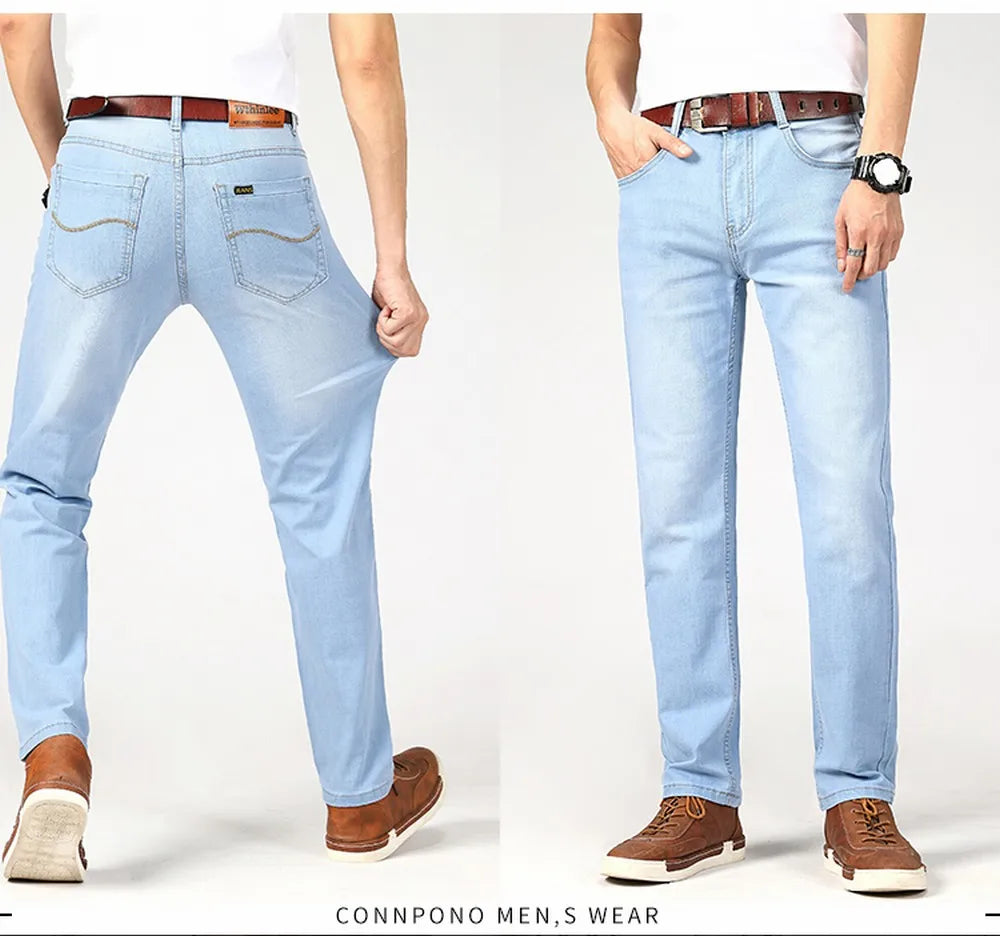 Wthinlee Spring Summer Business Jeans Men Light Blue Casual Straight Stretch Fashion Classic Work Denim Trousers Brand Clothing.