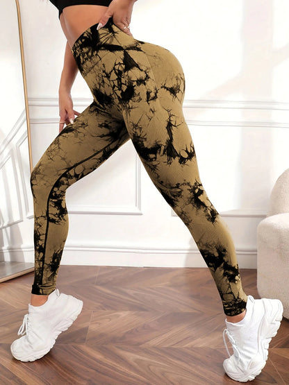 Women's tie-dye high-waist yoga sweatpants tummy control high-elastic fitness running sports leggings sportswear.